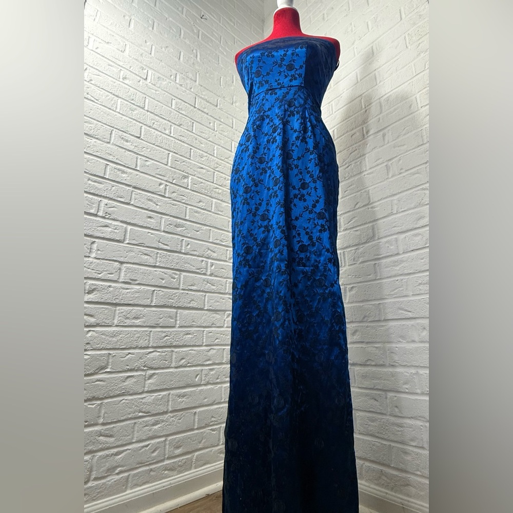 Vintage 90s L.A. Glo S Blue Black Floral Brocade Strapless Maxi Dress  USA